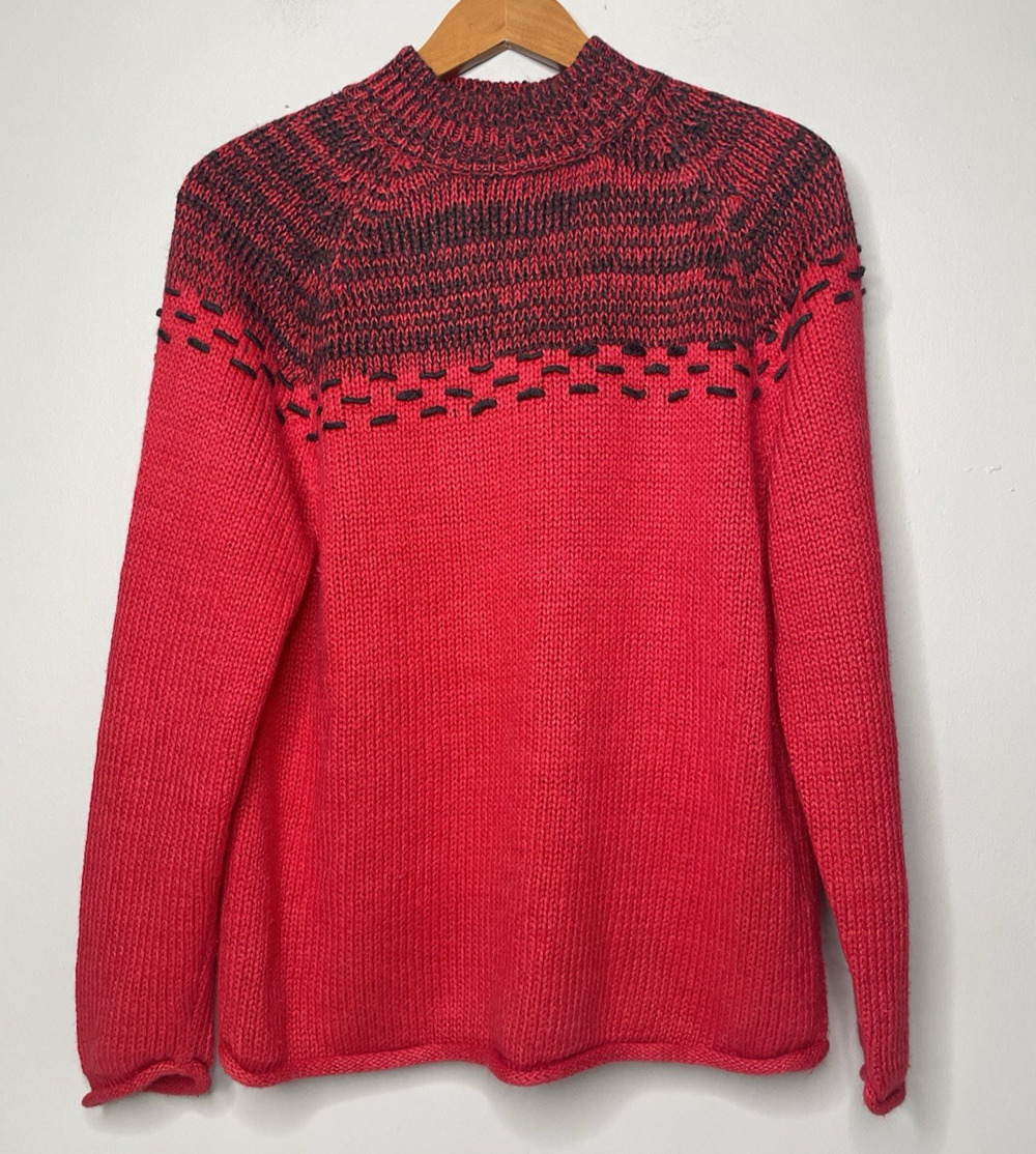 Vintage 90s Danielle Martin L Red Black Ramie Mock Neck Raglan Sweater